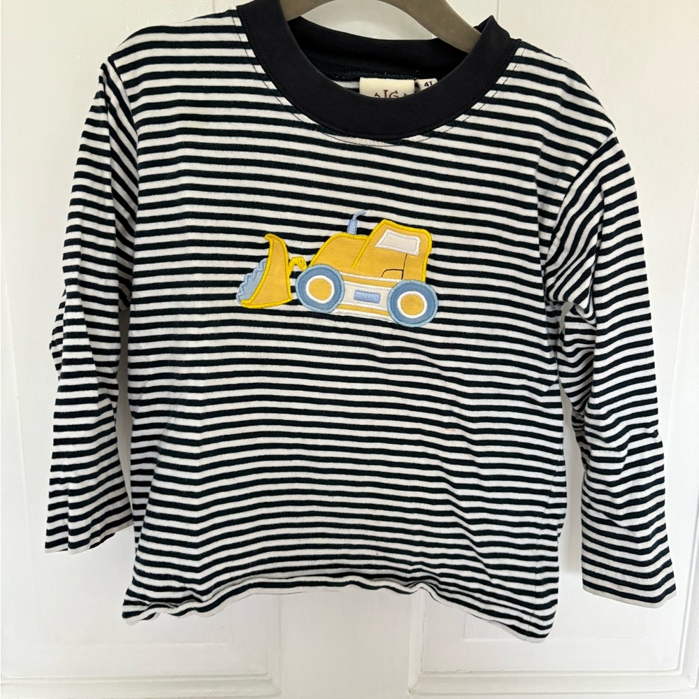 Luigi Navy and White Striped Kids Tee with Yellow Bulldozer